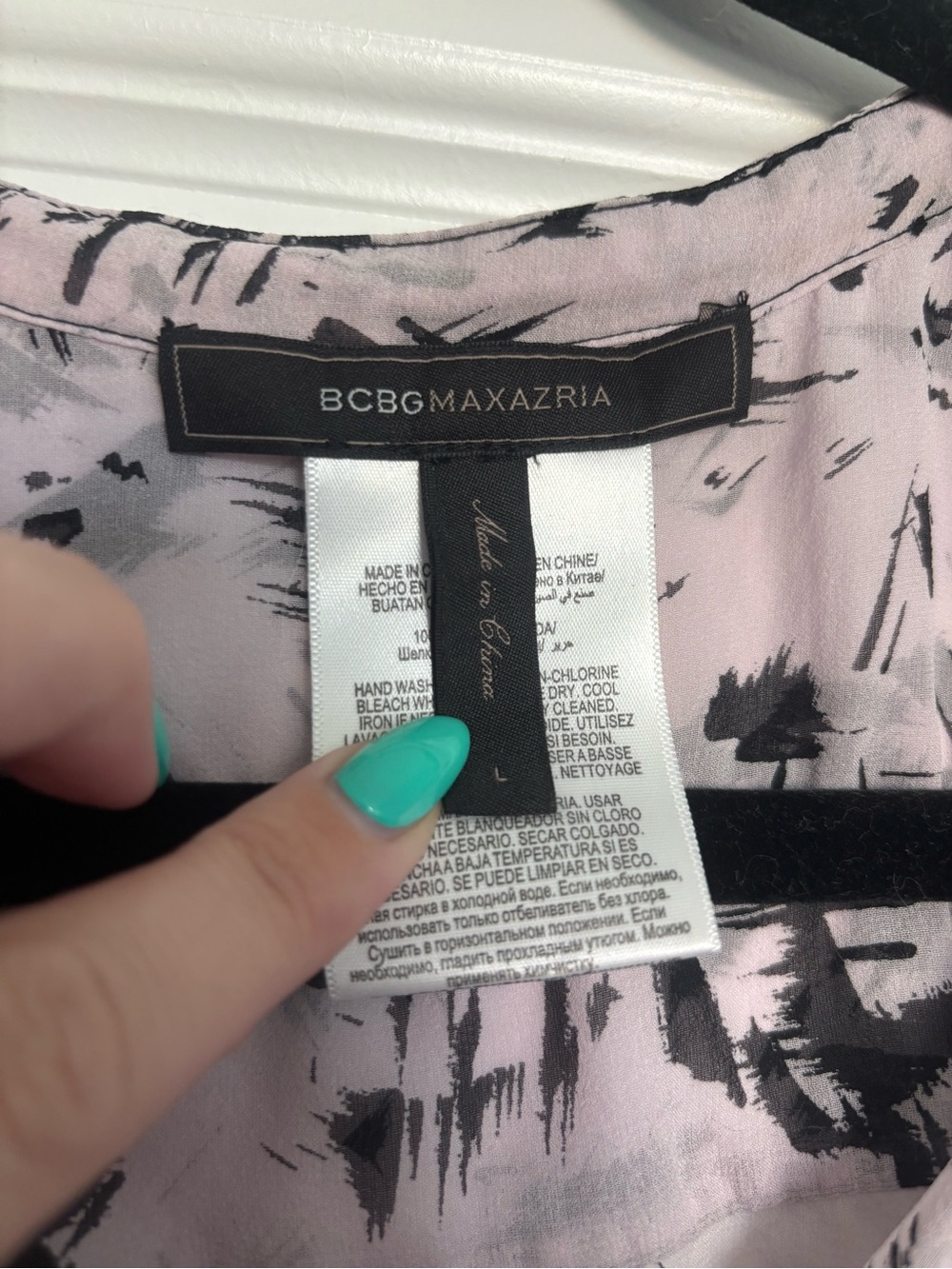 BCBGMaxAzria Lavender and Black Printed Tie-Neck Blouse - Picture 2 of 7